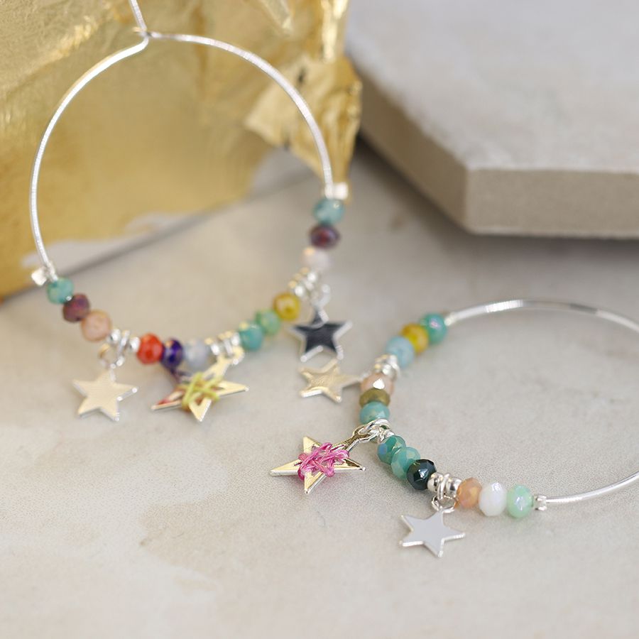 POM Silver Plated Star & Multi Coloured Beaded Hoop Earrings