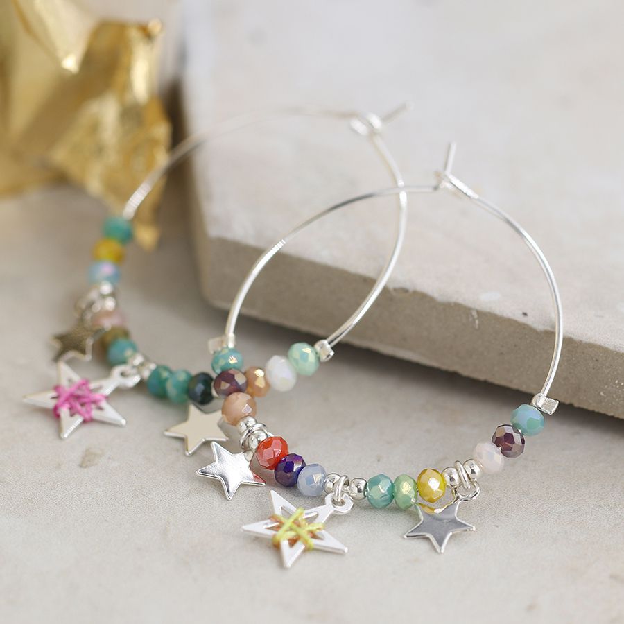 POM Silver Plated Star & Multi Coloured Beaded Hoop Earrings