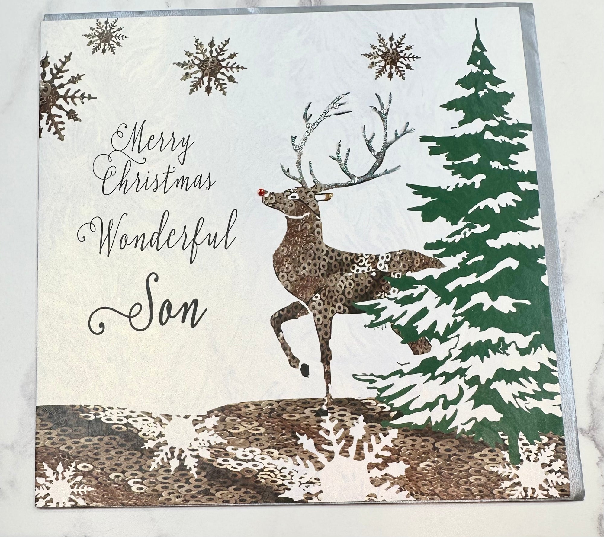 White Cotton Cards Reindeer Wonderful Son Christmas LARGE Card