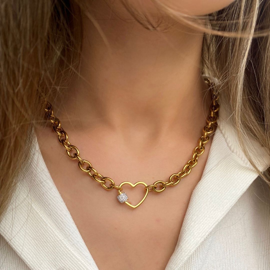 Orli Diamante Gold Heart Lock Chunky Chain Necklace