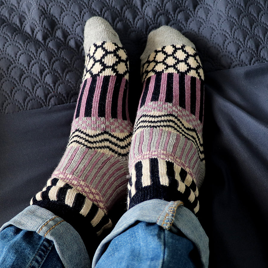 POM Navy/Lilac Mix Multi Stripe Wool Blend Nordic Winter Socks