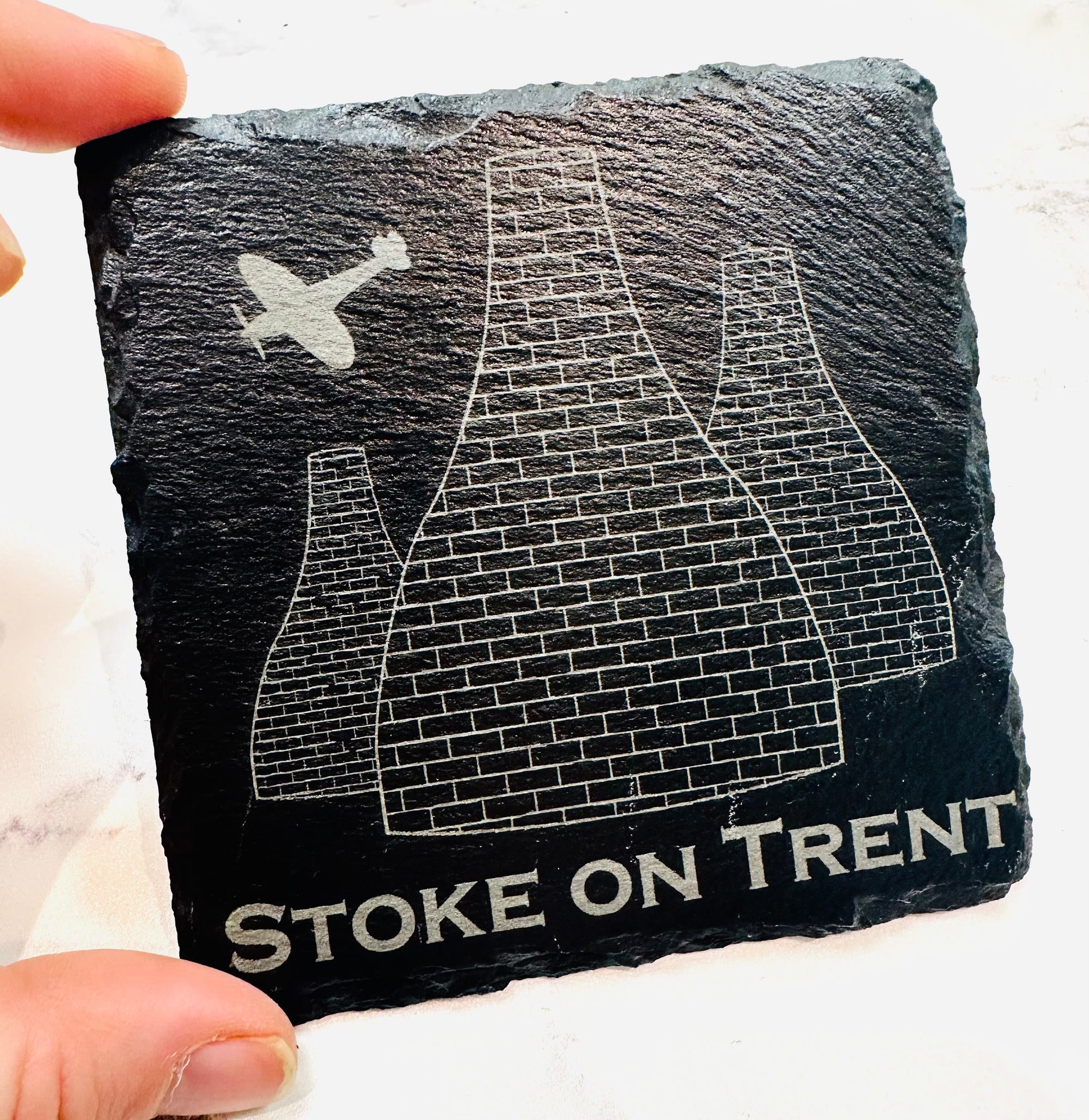 Stoke-on-Trent Bottle Kilns & Spitfire Slate Coaster