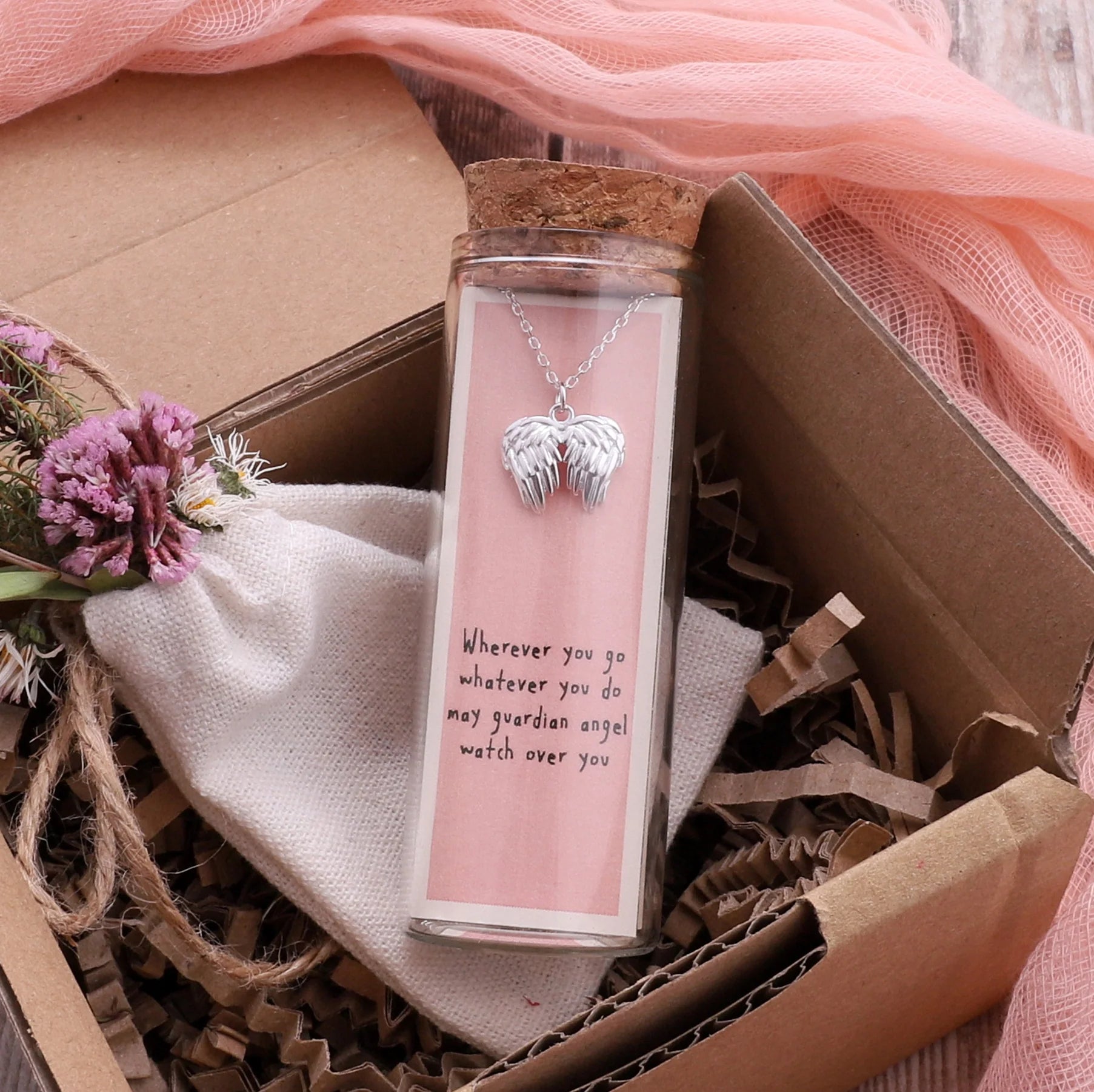 Angel Wing Necklace - Message in a Bottle - Sterling Silver