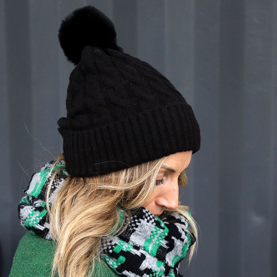 POM Black Cable Knit Faux Fur Bobble Hat