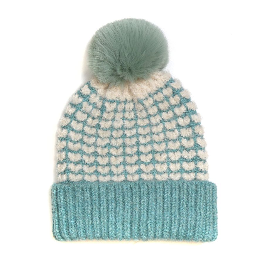 POM Duck Egg Blue Mix Heart Scandi Knit Pom Pom Bobble Hat - Recycled Yarn