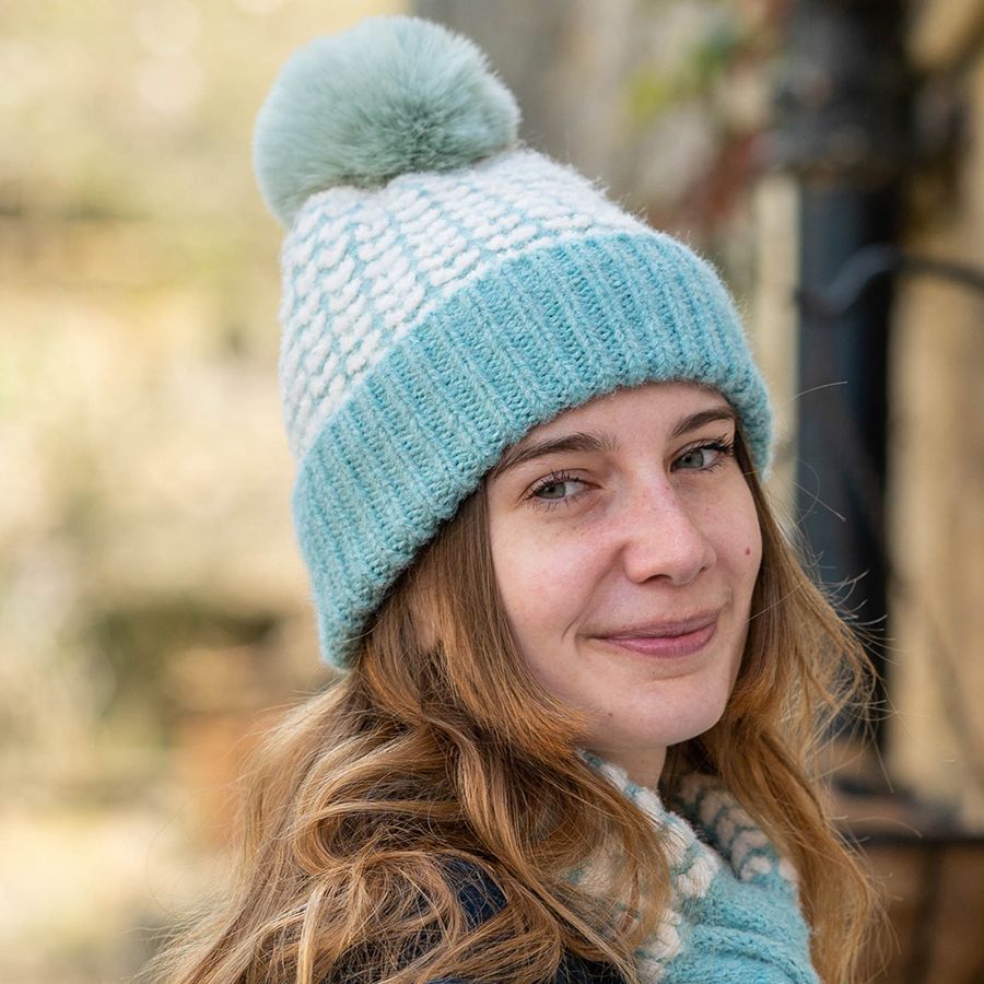 POM Duck Egg Blue Mix Heart Scandi Knit Pom Pom Bobble Hat - Recycled Yarn