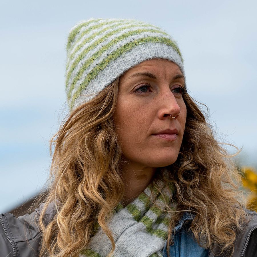 POM Mint Green & Grey Striped Recycled Wool Blend Beanie Hat