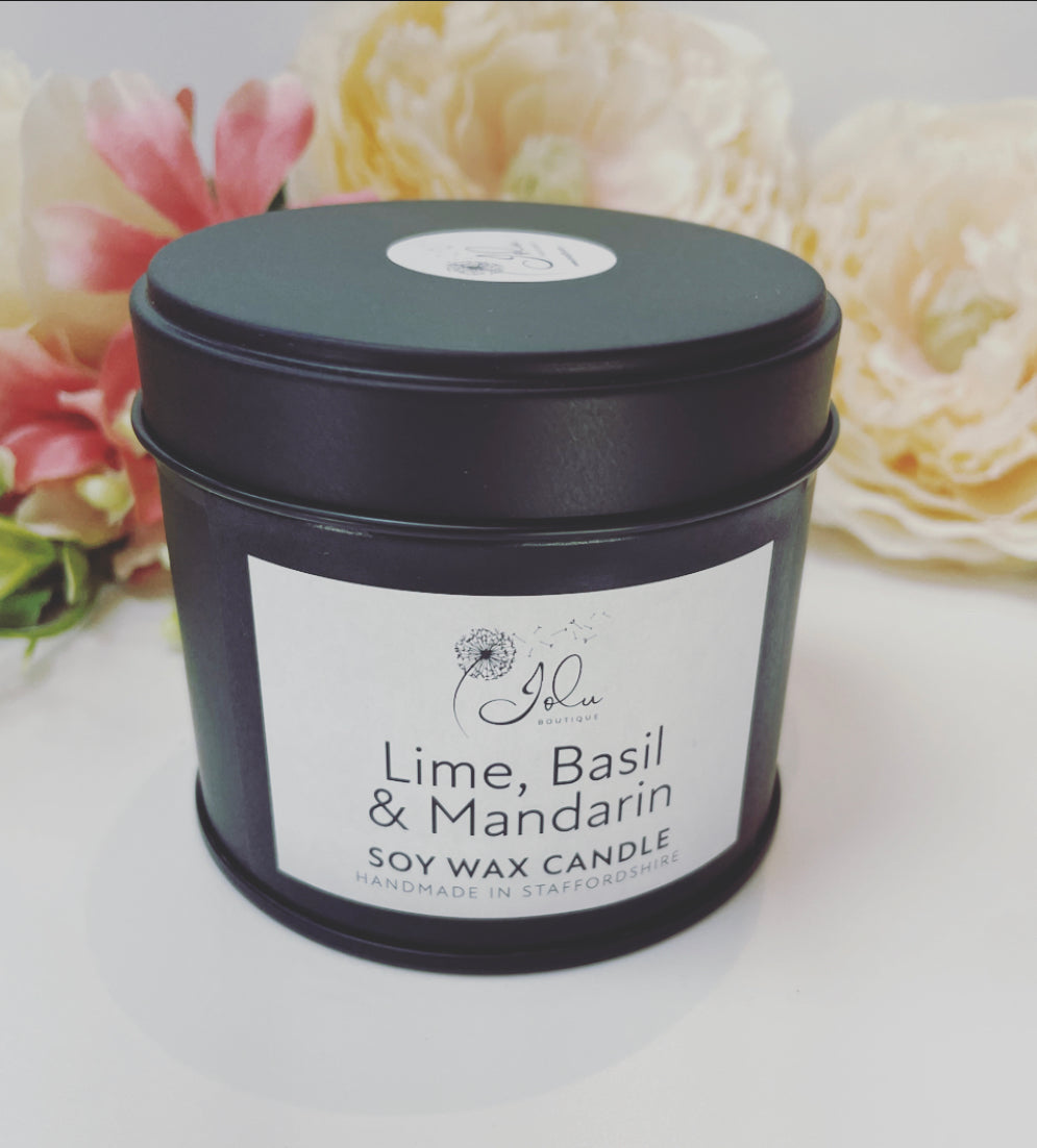 Jolu Boutique Lime, Basil & Mandarin Soy Wax Candle - Black Tin