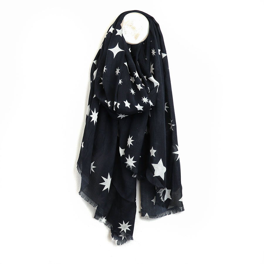 POM Dark Navy/Grey with Ecru Star Swirl Print Scarf