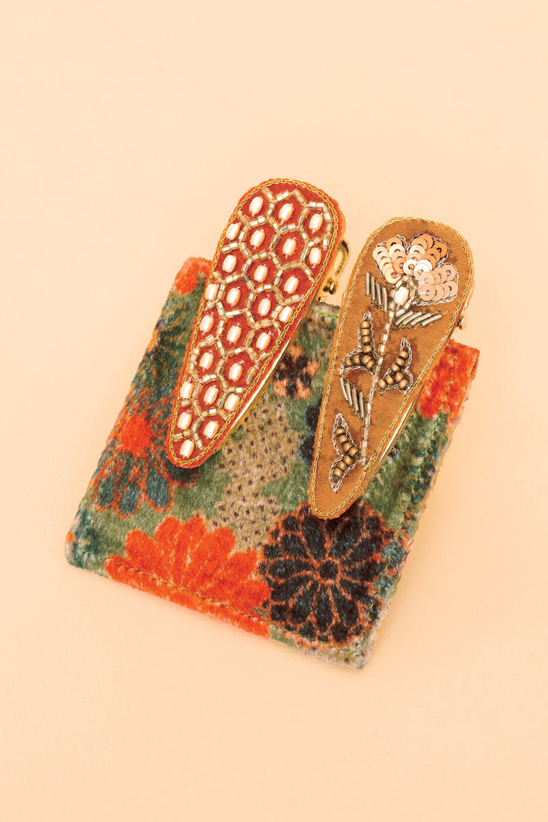 Powder Hexagon & Floral Stem Jewelled Hair Clips (Set of 2) - Tangerine & Mustard