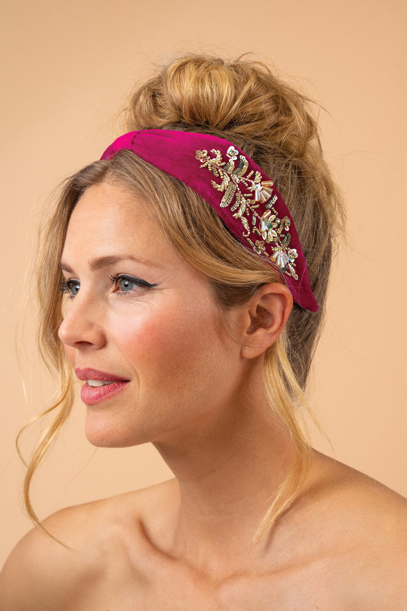 Powder Velvet Embellished Headband - Golden Wildflowers - Fuchsia