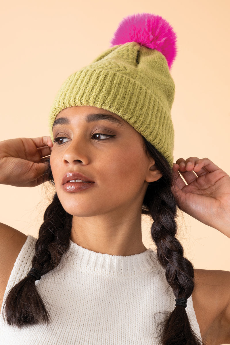 Powder Ingrid pom pom hat - Lime/fuschia