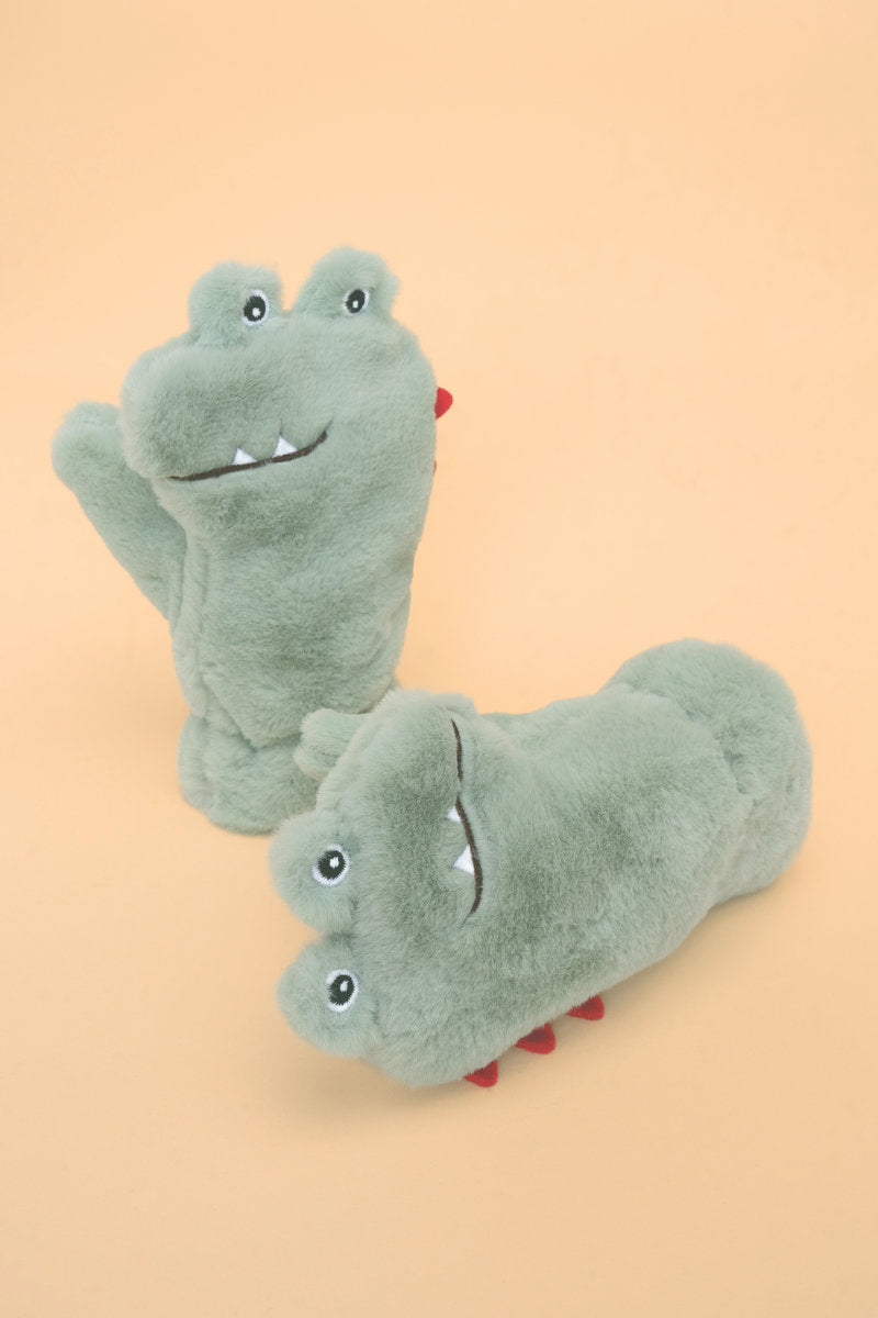 Powder Kids Toothy Dino Fluffy Mittens - Sage Green
