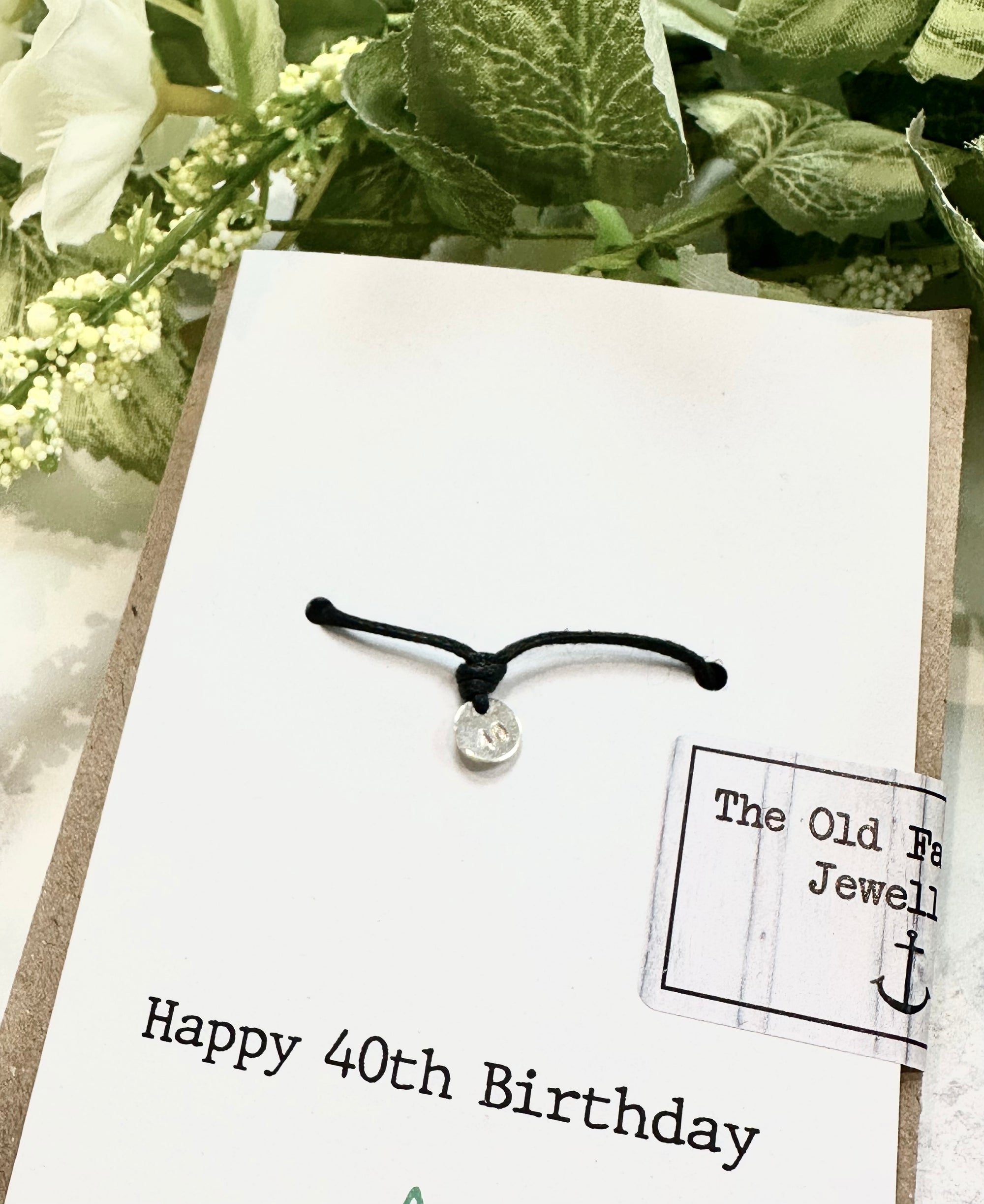 Happy 40th Birthday - 40 Stamped Disc Black Cord Wish Bracelet