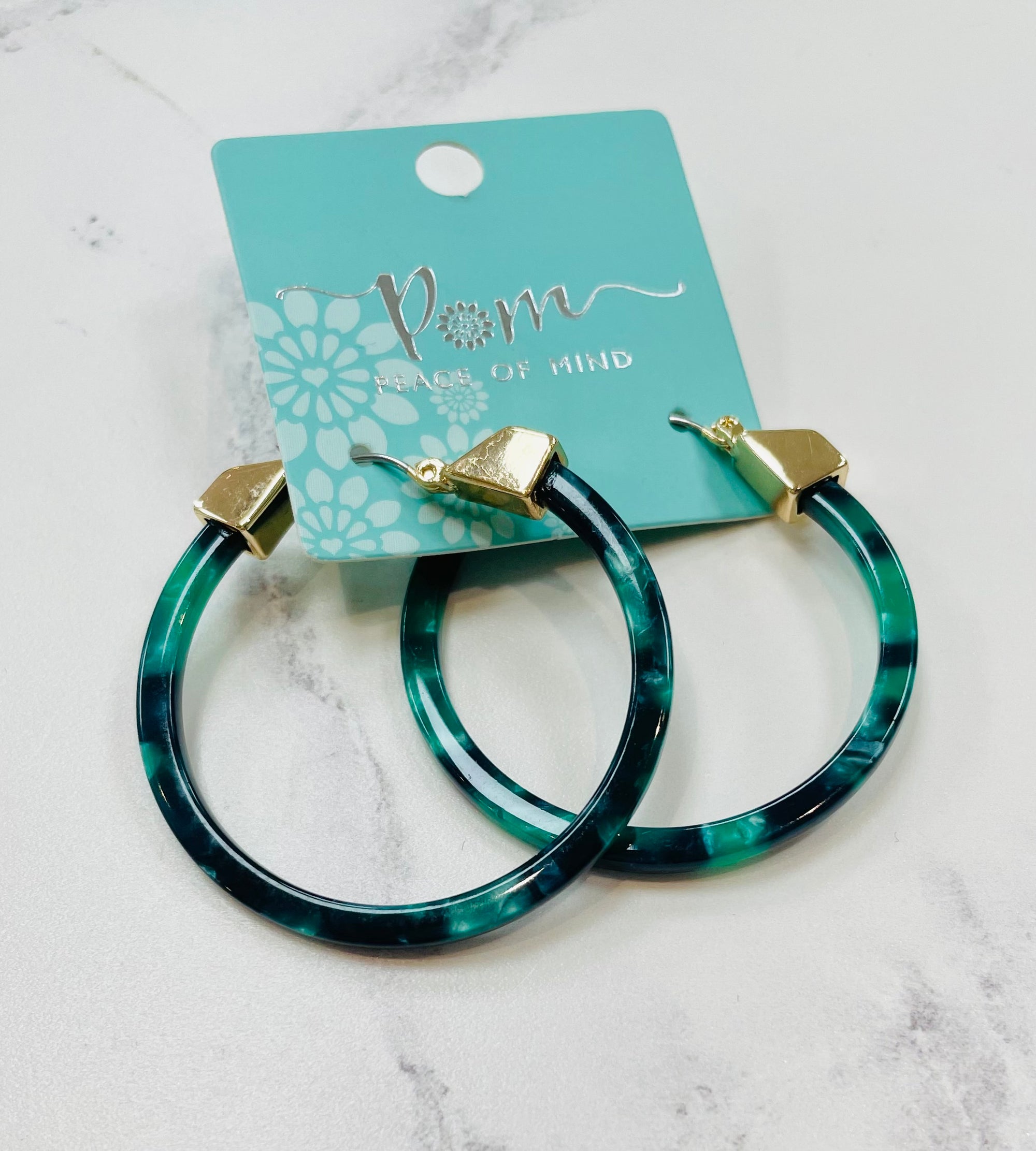 POM Gold & Malachite Green Resin Hoop Earrings