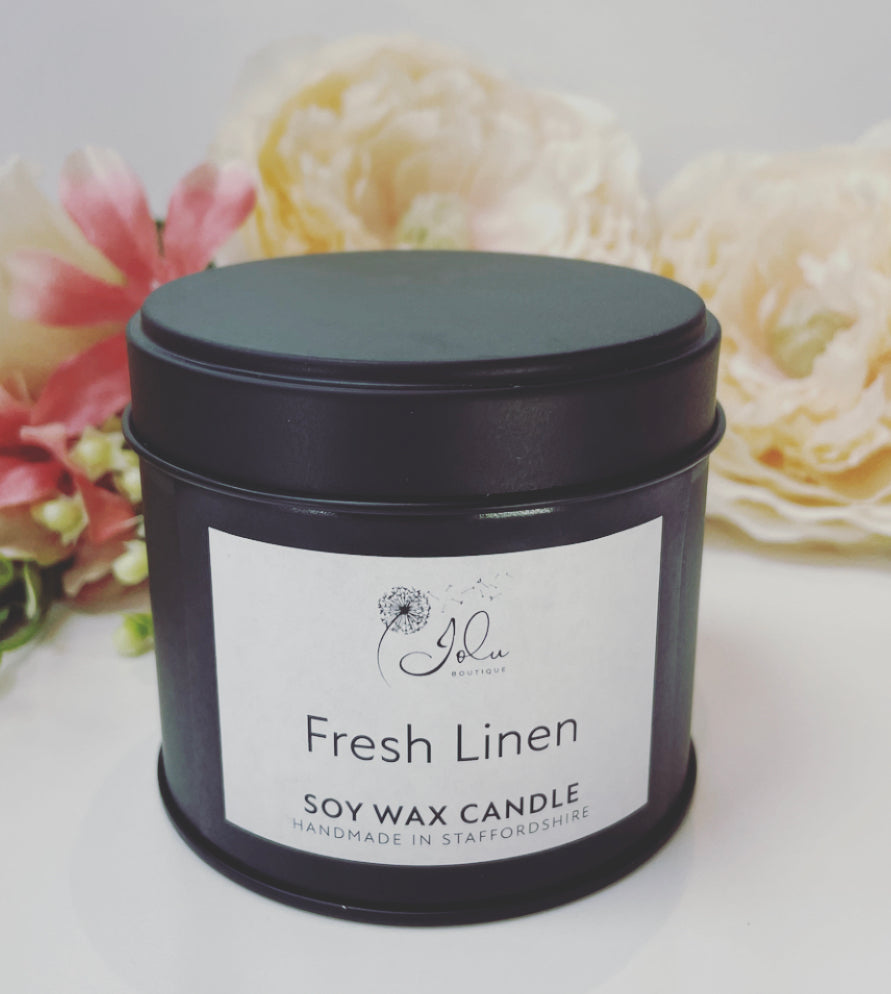 Jolu Boutique Fresh Linen Soy Wax Candle - Black Tin