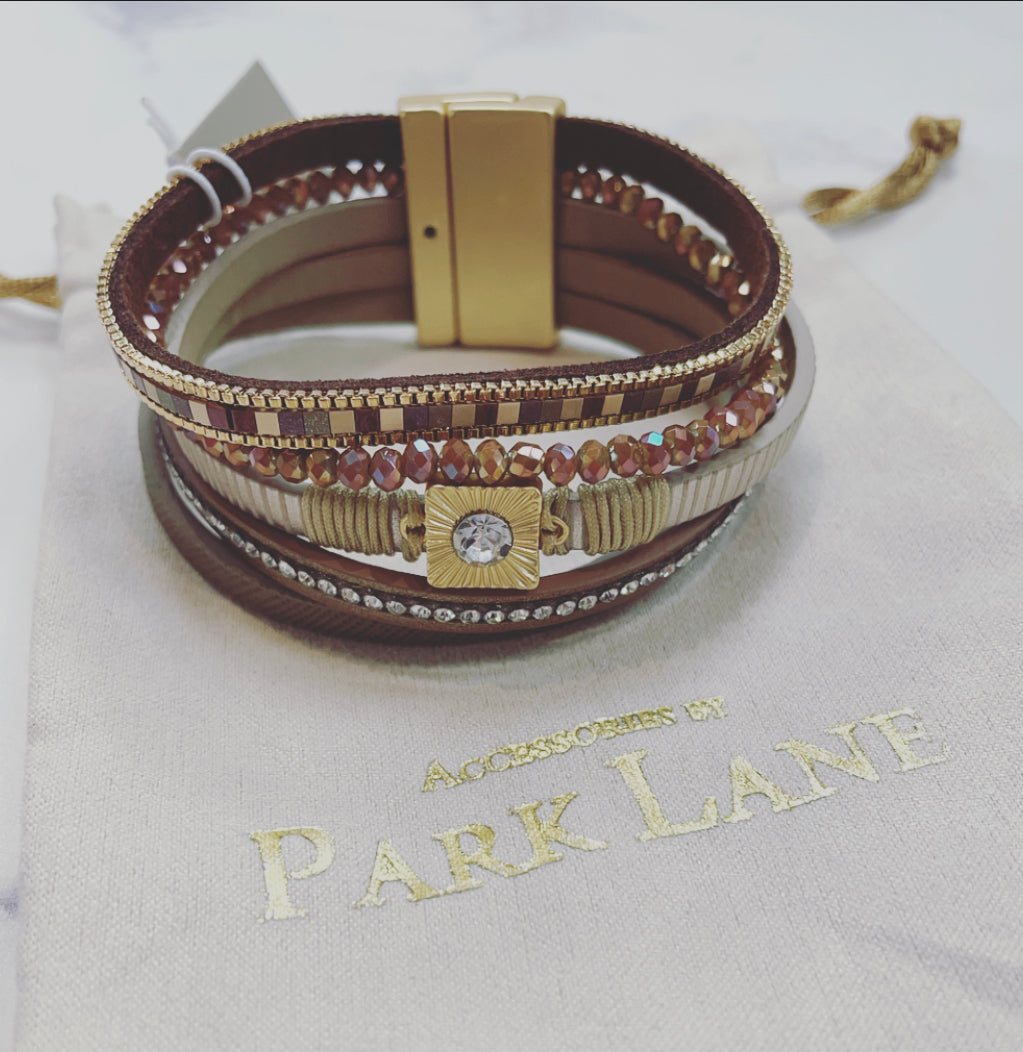 Multistrand Brown, Beige & Gold with Crystal Detail Magnetic Bracelet