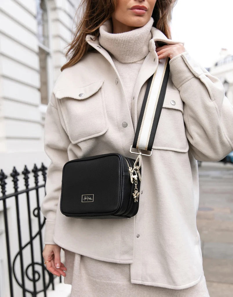 Alice Wheeler Black Soho Double Zipped Crossbody Bag with Trio Stripe Bag Strap
