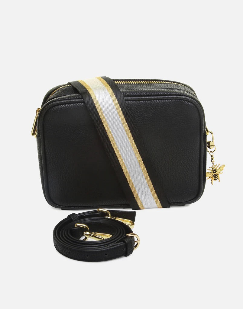 Alice Wheeler Black Soho Double Zipped Crossbody Bag with Trio Stripe Bag Strap