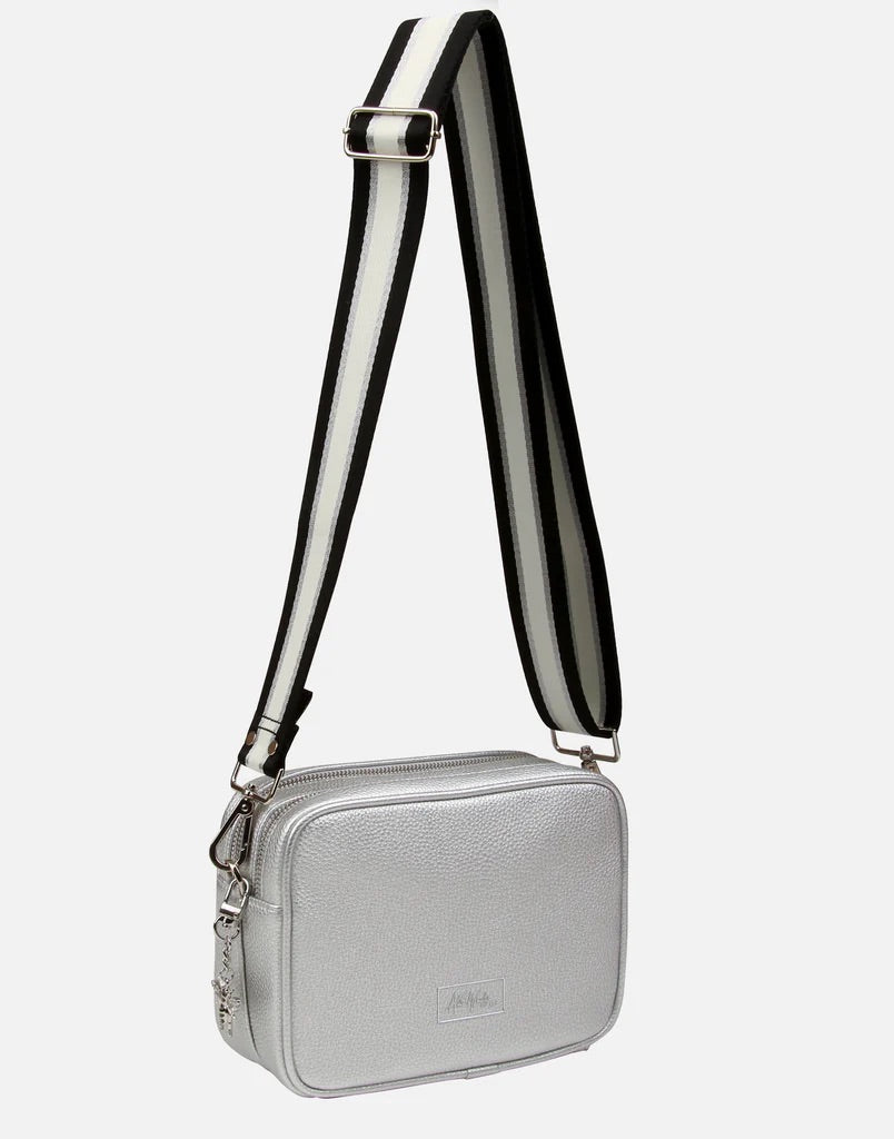 Alice Wheeler Silver Soho Double Zipped Crossbody Bag with Trio Stripe Bag Strap - Silver Fittings