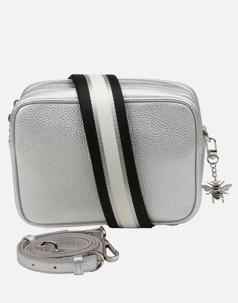 Alice Wheeler Silver Soho Double Zipped Crossbody Bag with Trio Stripe Bag Strap - Silver Fittings