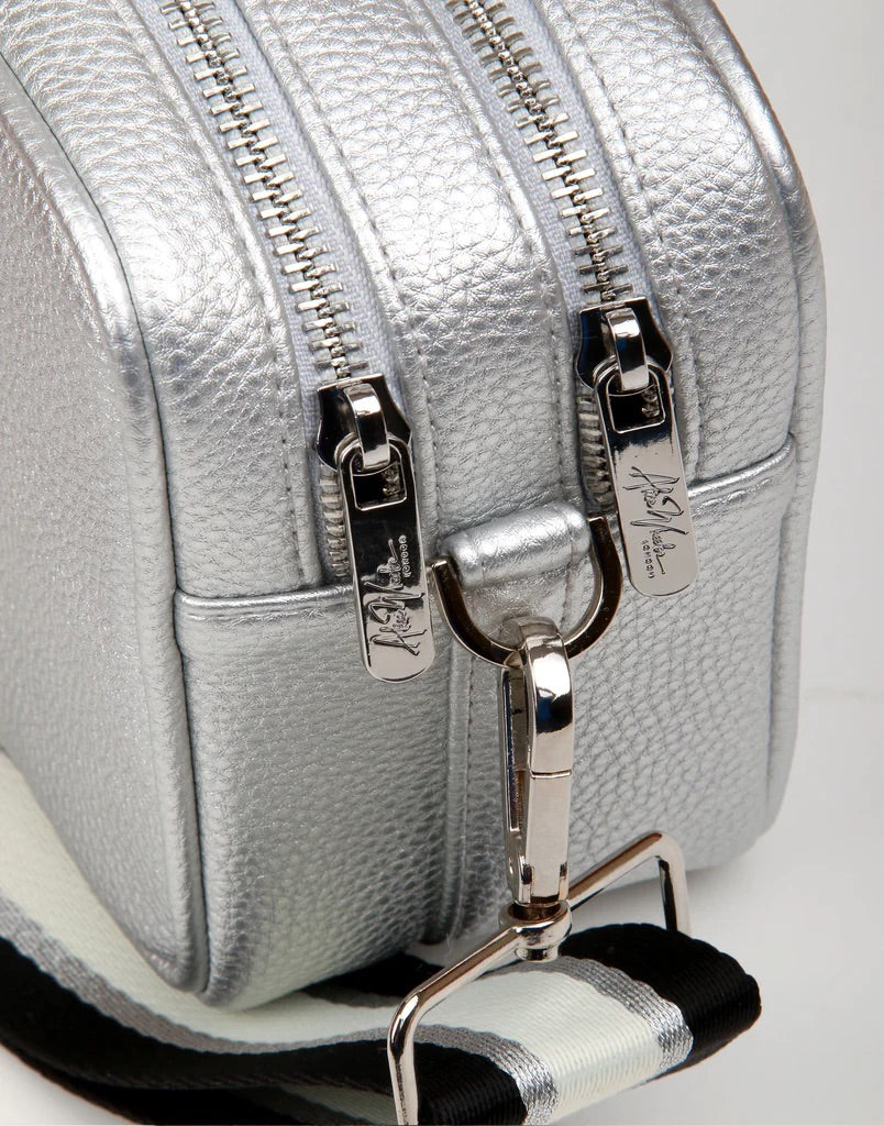 Alice Wheeler Silver Soho Double Zipped Crossbody Bag with Trio Stripe Bag Strap - Silver Fittings