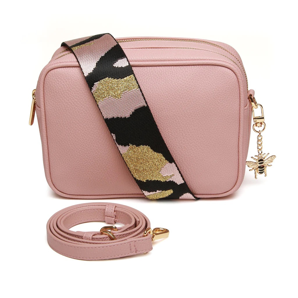 Alice Wheeler Pink Soho Double Zipped Crossbody Bag with Camo Bag Strap