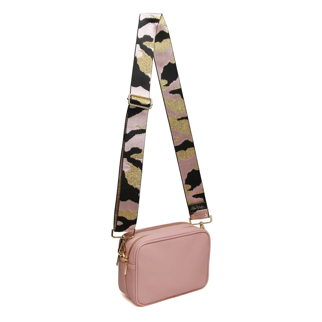 Alice Wheeler Pink Soho Double Zipped Crossbody Bag with Camo Bag Strap