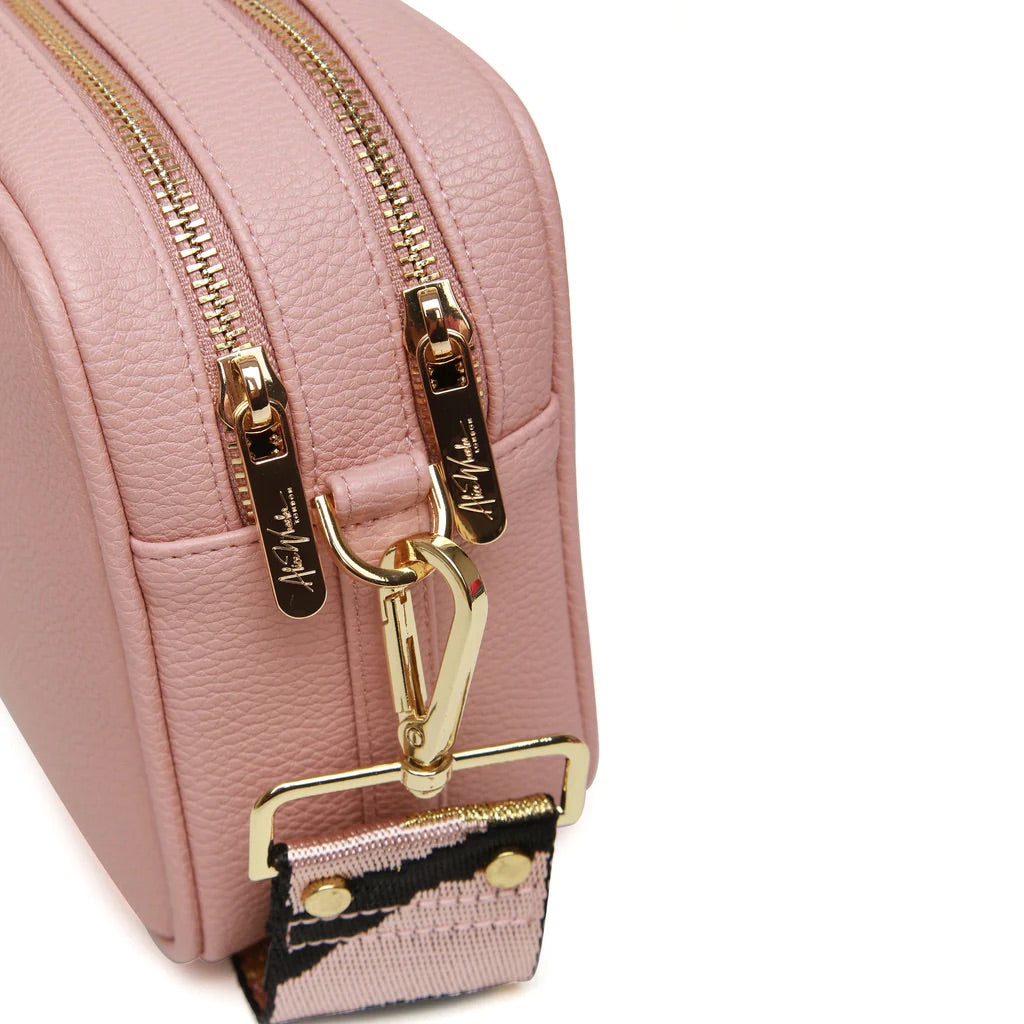 Alice Wheeler Pink Soho Double Zipped Crossbody Bag with Camo Bag Strap
