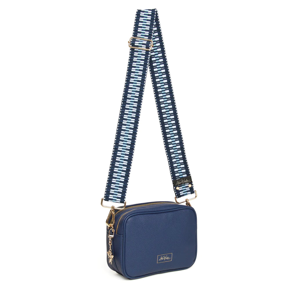 Alice Wheeler Navy Blue Soho Double Zipped Crossbody Bag with ZigZag Bag Strap