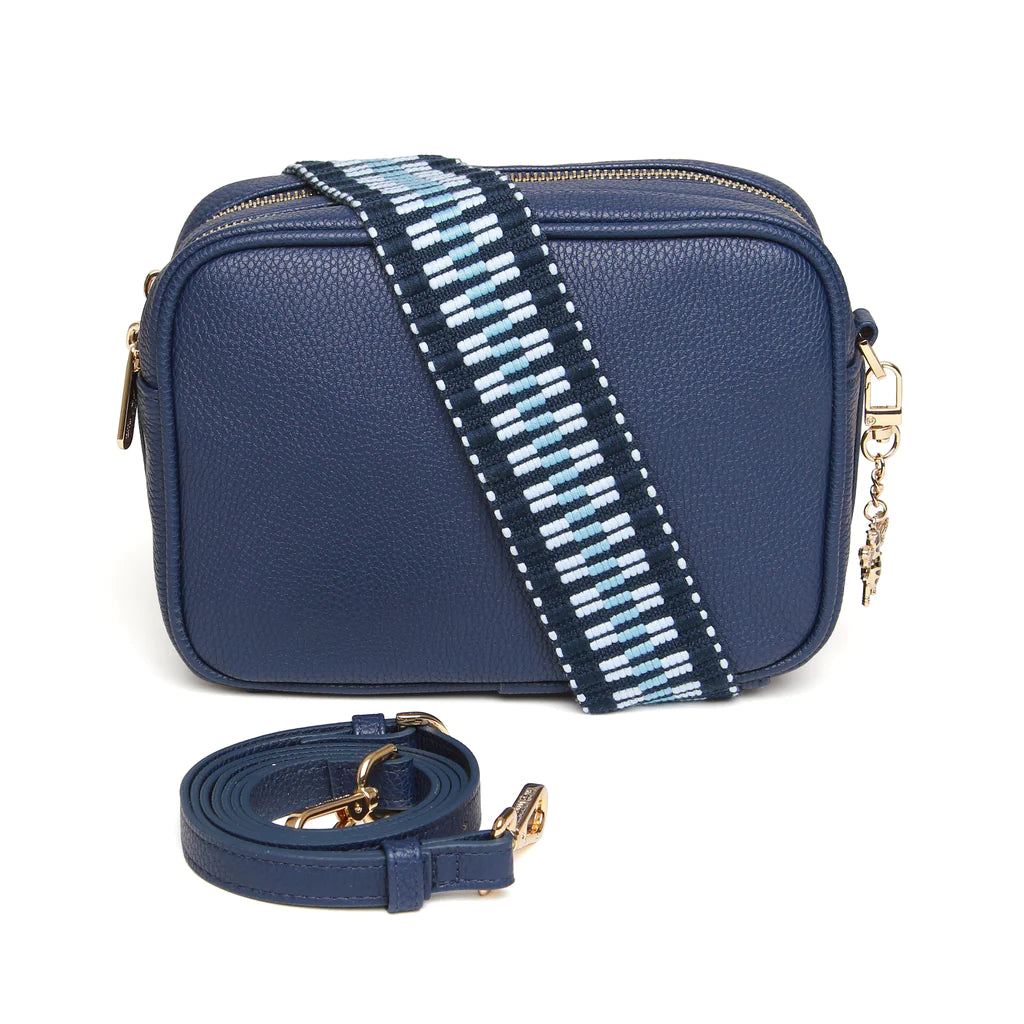 Alice Wheeler Navy Blue Soho Double Zipped Crossbody Bag with ZigZag Bag Strap