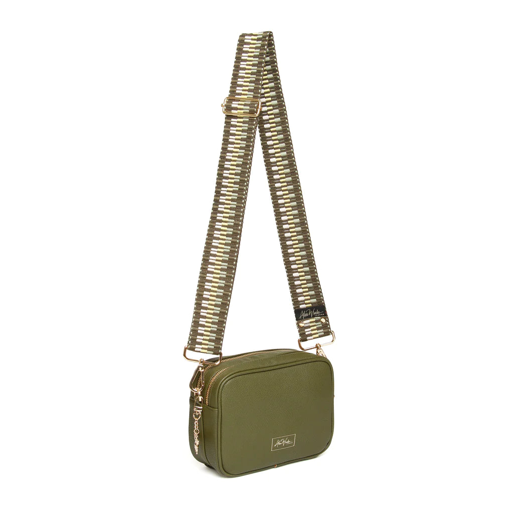 Alice Wheeler Olive Green Soho Double Zipped Crossbody Bag with ZigZag Bag Strap