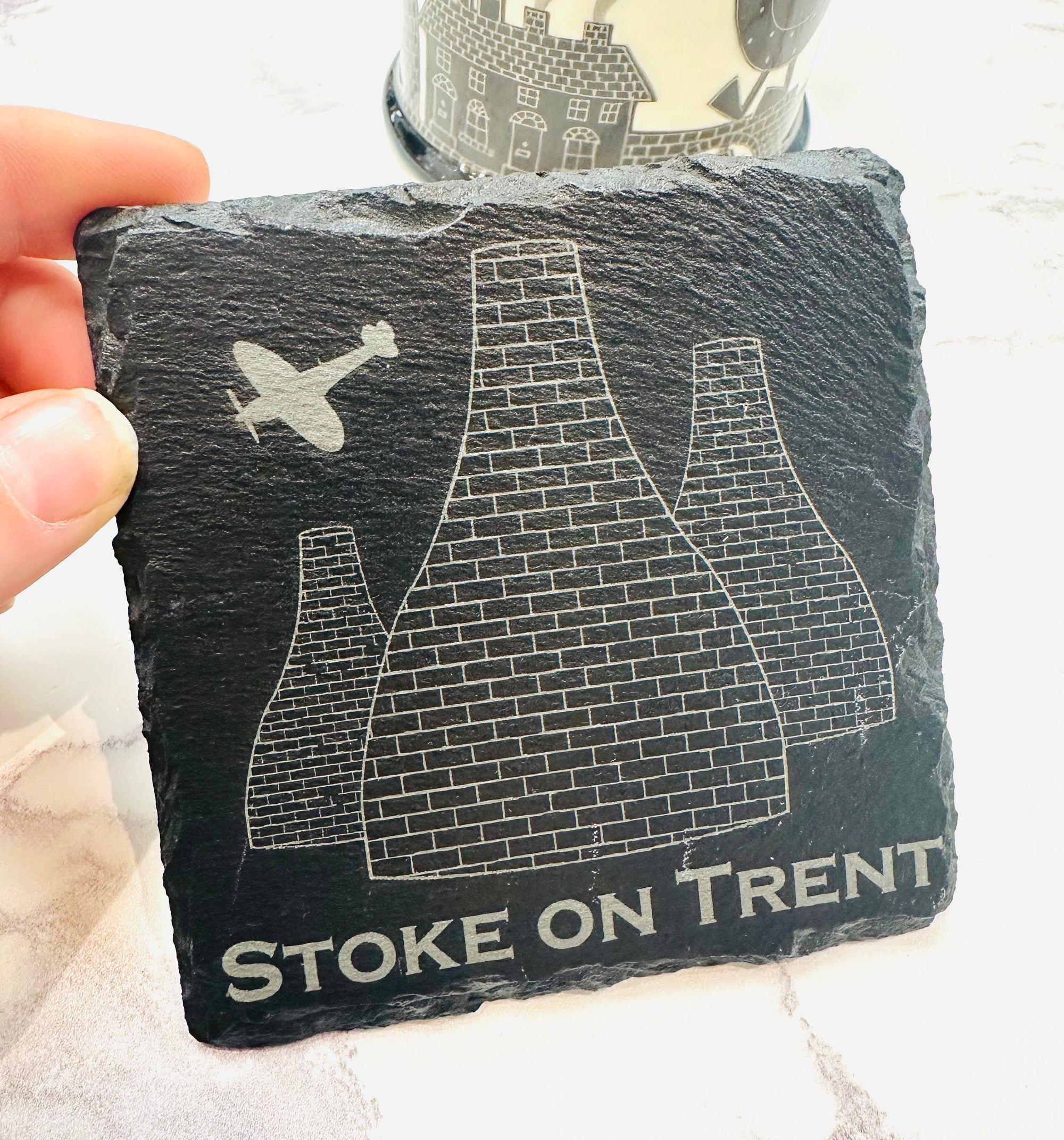 Stoke-on-Trent Bottle Kilns & Spitfire Slate Coaster