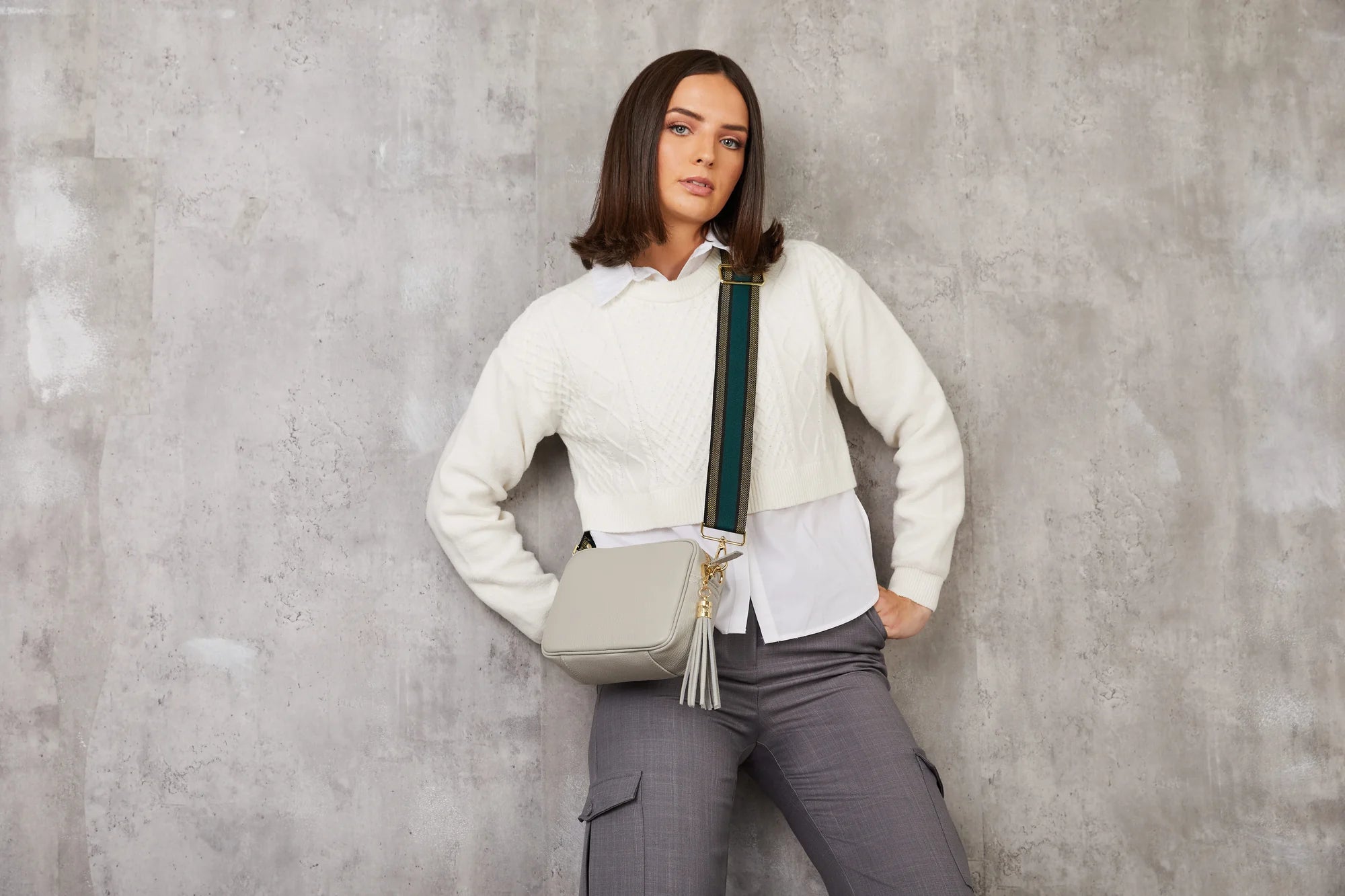 Elie Beaumont Designer GREEN GOLD TRIM STRIPE Adjustable Crossbody Bag Strap (GOLD Fittings)