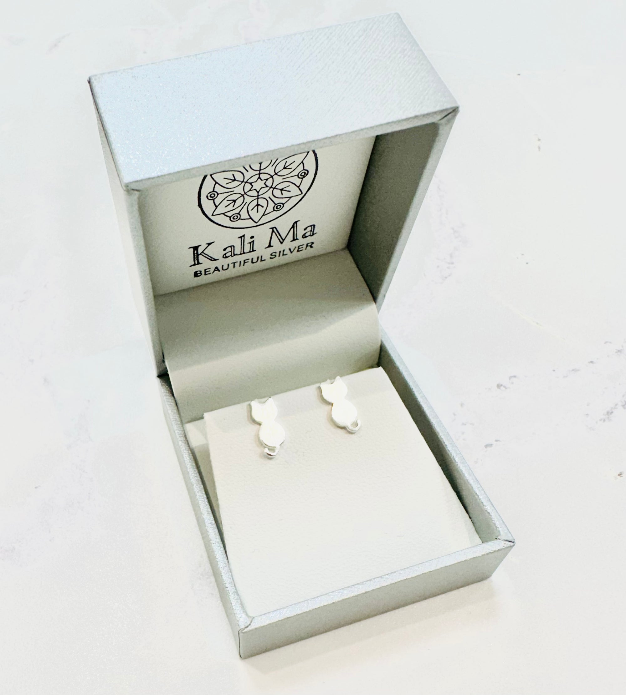 Kali Ma Textured Matt Silver Finish Flat Sitting Cat Stud Earrings - Sterling 925 Silver