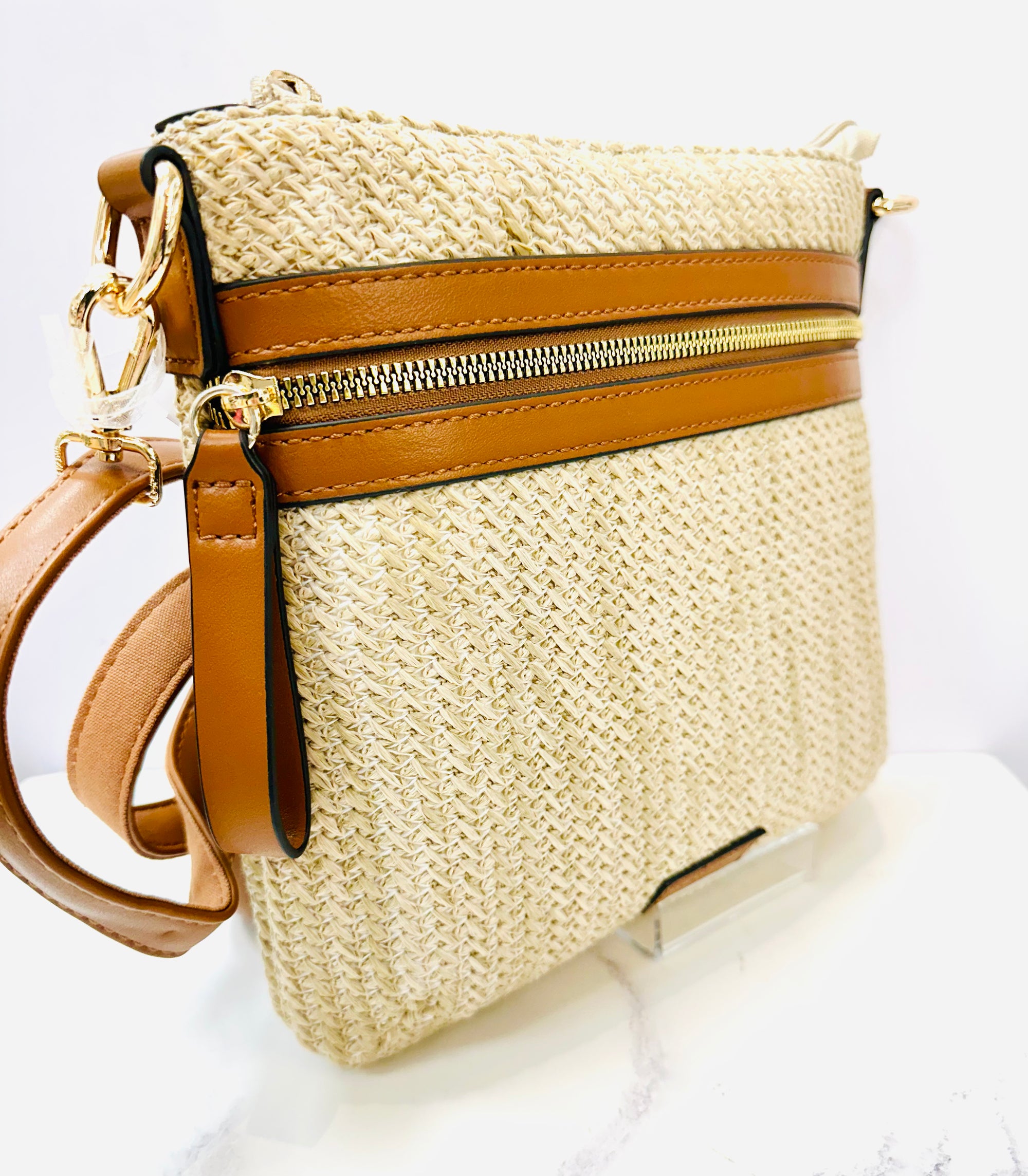David Jones Woven Rattan Square Zip Front Crossbody Bag (7051-6)- Natural/Cognac Tan