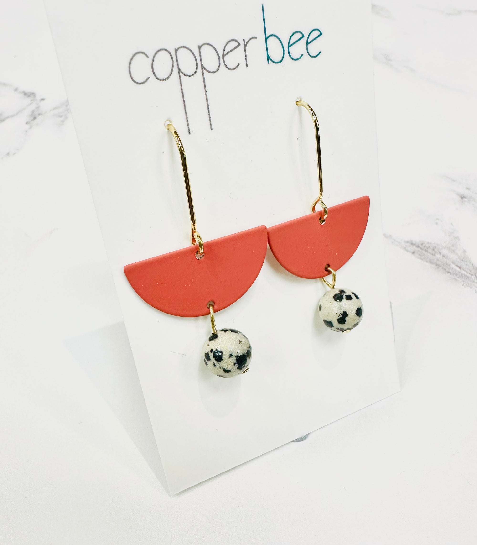 Copper Bee - Dalmatian Jasper & Colour Semi Circle Drop Earrings - Rust Orange/Gold