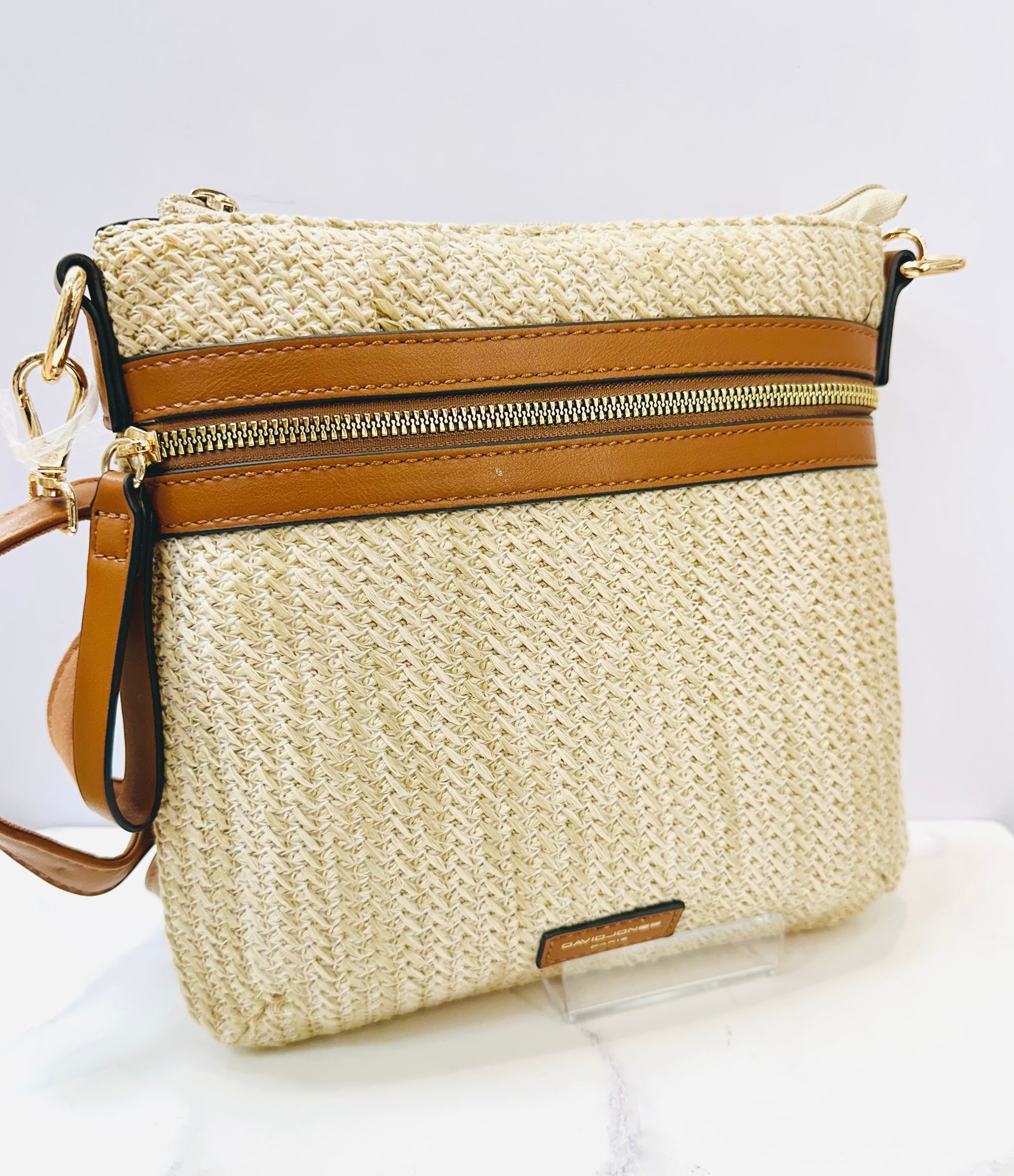 David Jones Woven Rattan Square Zip Front Crossbody Bag (7051-6)- Natural/Cognac Tan