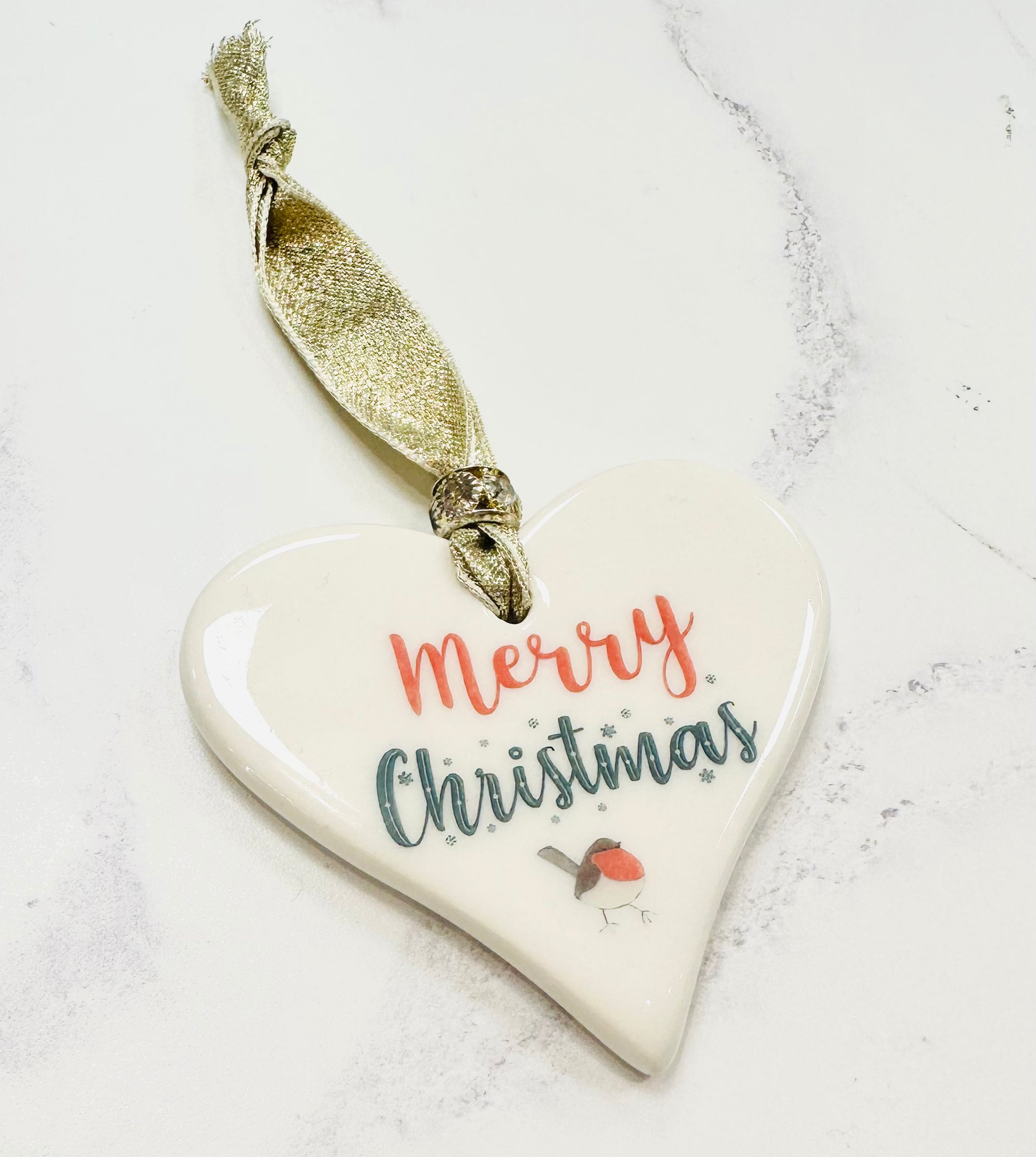 Dimbleby Ceramics Sentiment Hanging Heart - Merry Christmas Robin
