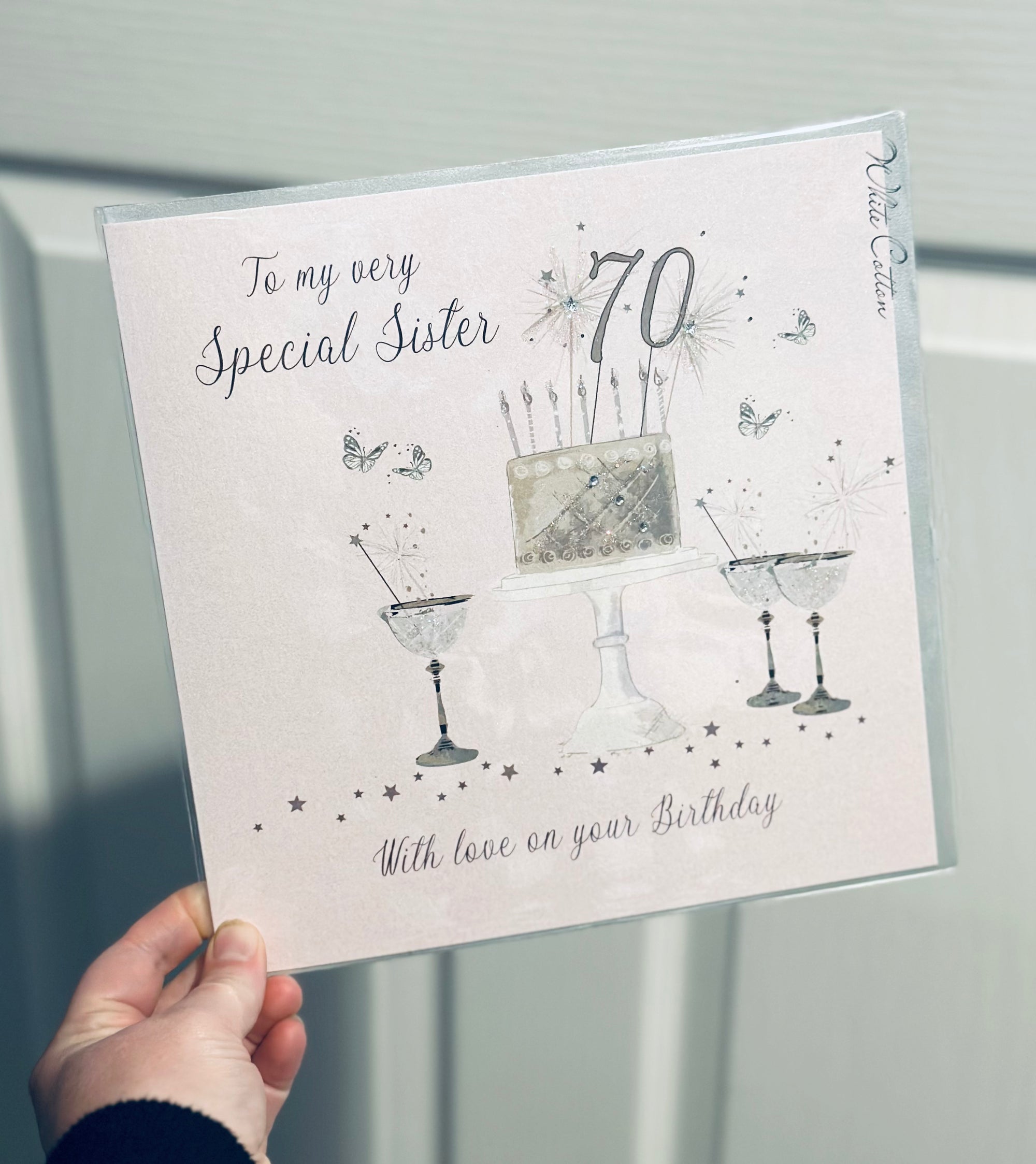 Special Sister 70th Birthday Pink LARGE Card - White Cotton Cards