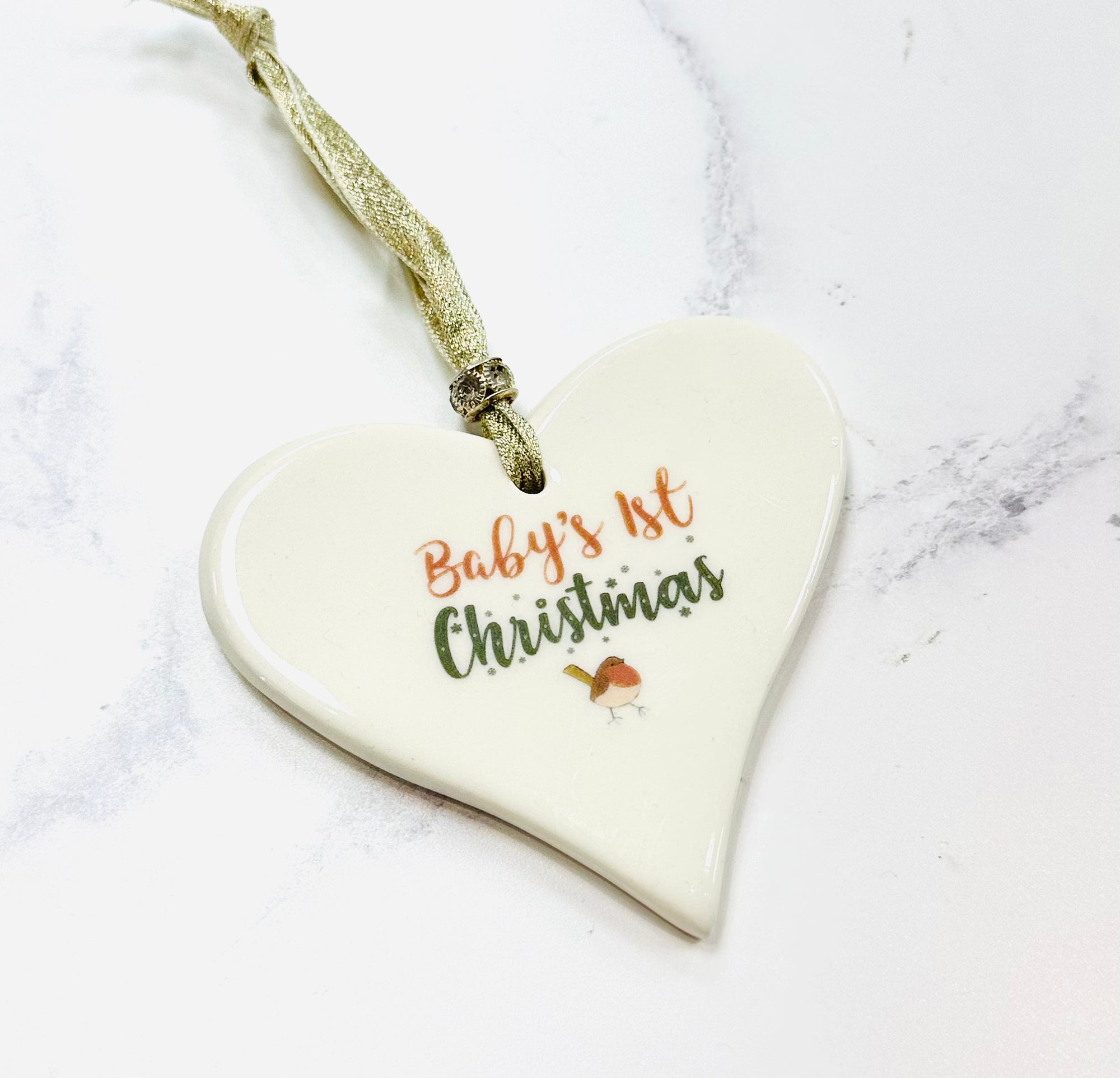 Dimbleby Ceramics Sentiment LARGE Hanging Heart - Baby's 1st Christmas Robin