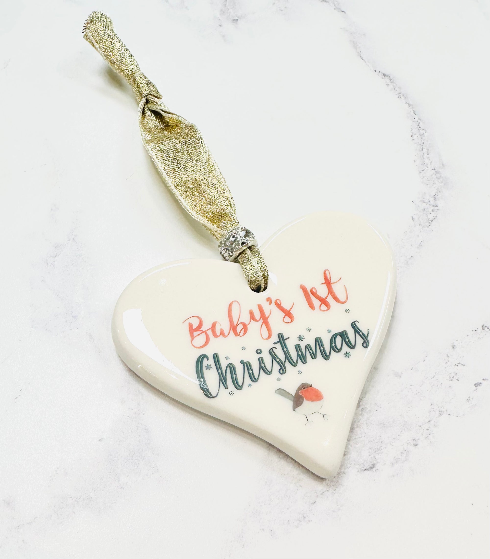 Dimbleby Ceramics Sentiment Hanging Heart - Baby's 1st Christmas Robin