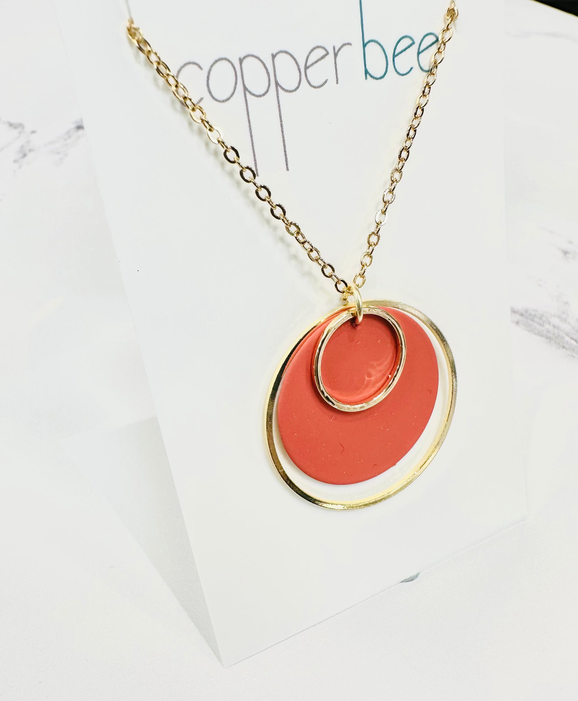Copper Bee - Colour & Brass Double Hoop Necklace - Rust Orange/Gold