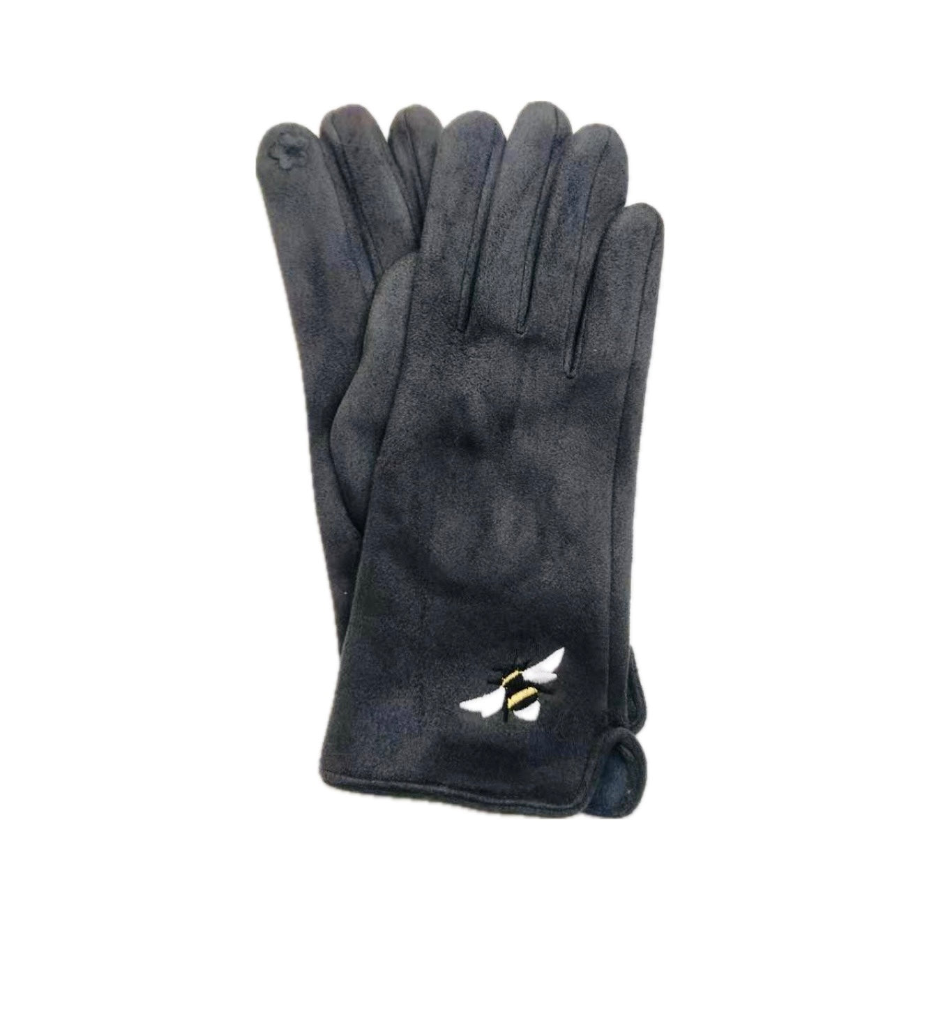 Butterfly Dark Grey Suede Gloves with Embroidered Bee