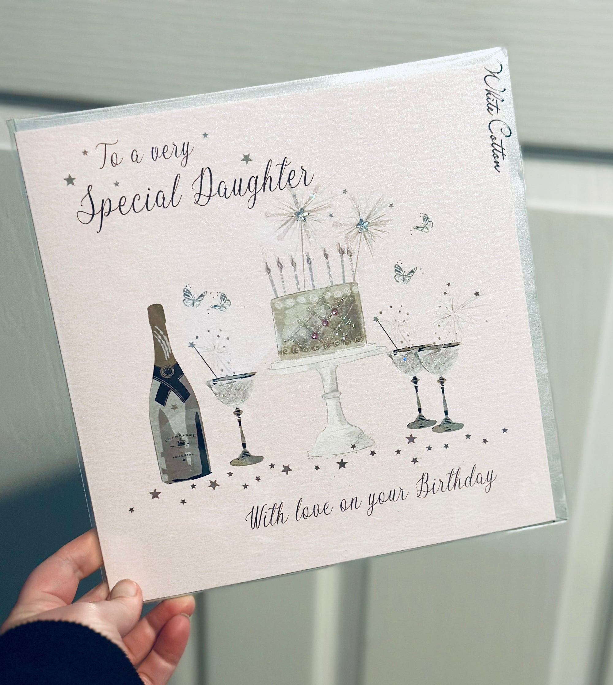 Special Daughter Champagne & Cake Birthday Pink LARGE Card - White Cotton Cards