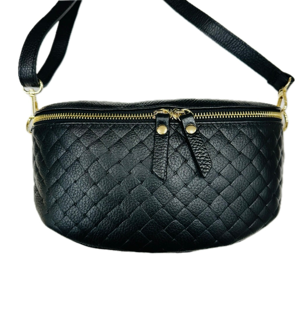 Elie Beaumont Designer Leather Woven Quilted Sling Crossbody Bag - Black (GOLD Fittings)