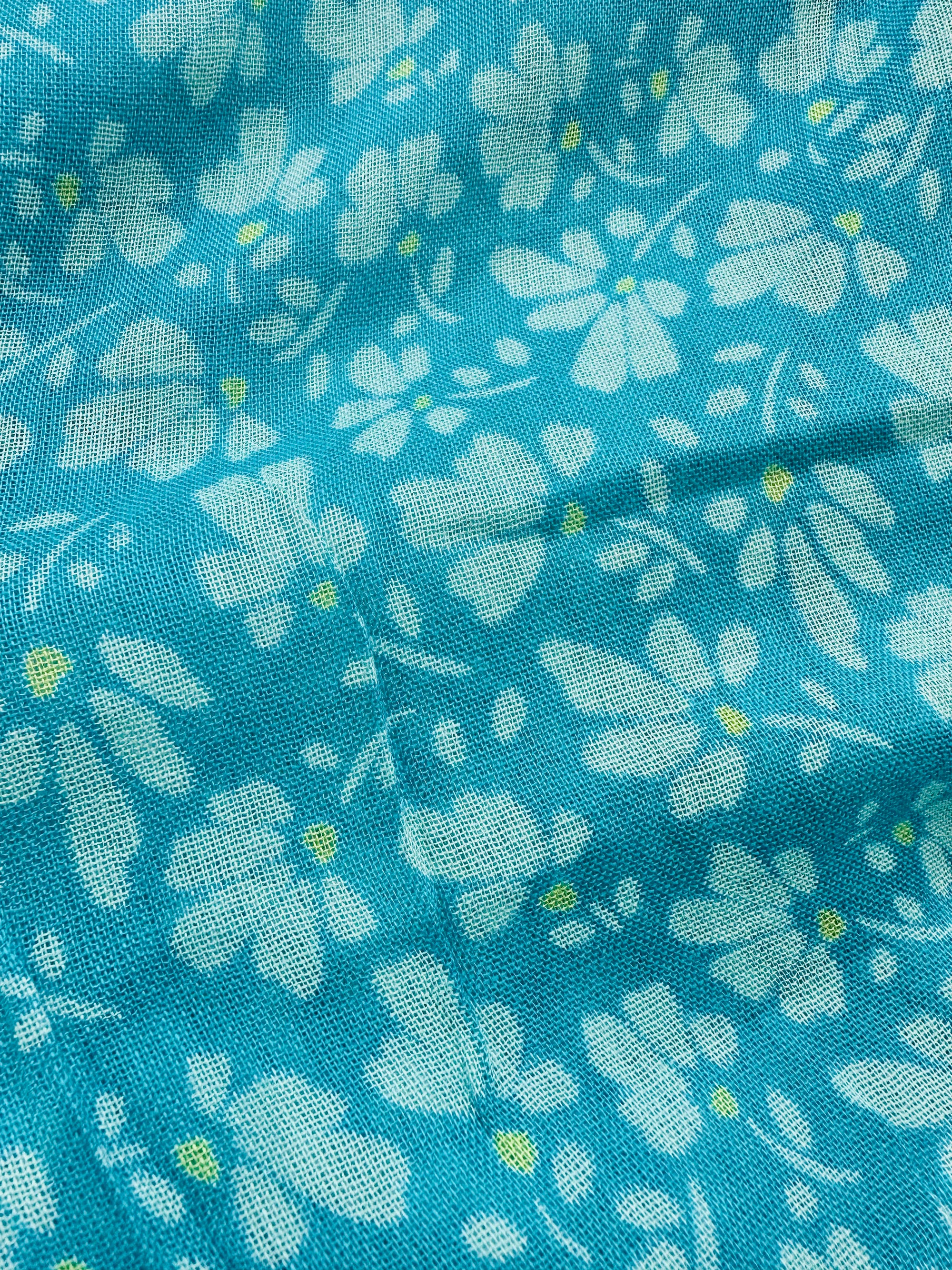 POM Teal Butterfly Flower Print Modal Scarf with Fringe Trim