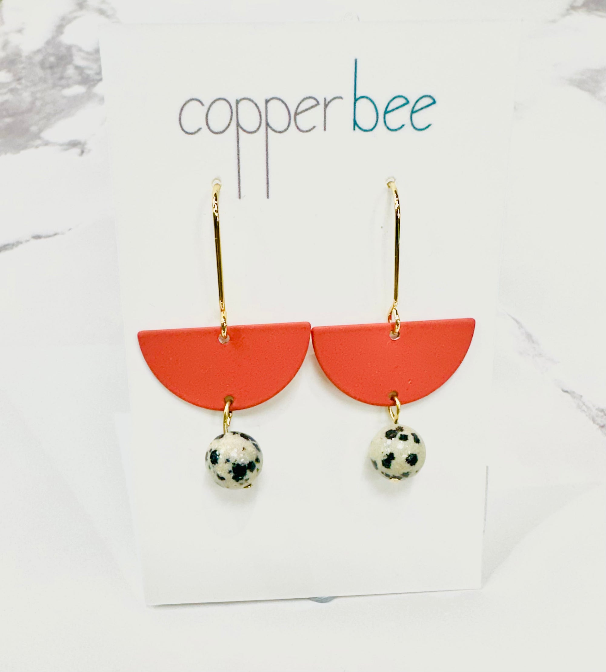 Copper Bee - Dalmatian Jasper & Colour Semi Circle Drop Earrings - Rust Orange/Gold