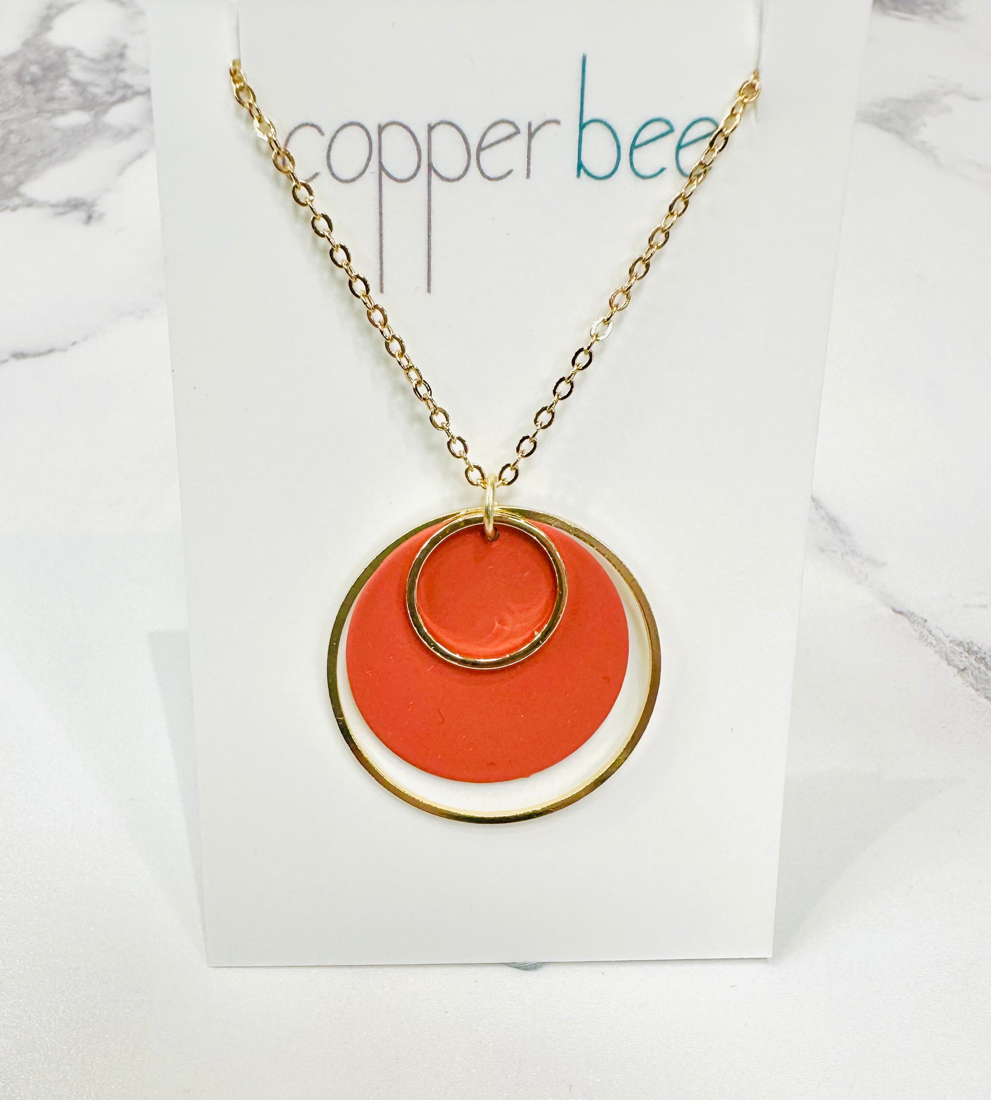 Copper Bee - Colour & Brass Double Hoop Necklace - Rust Orange/Gold