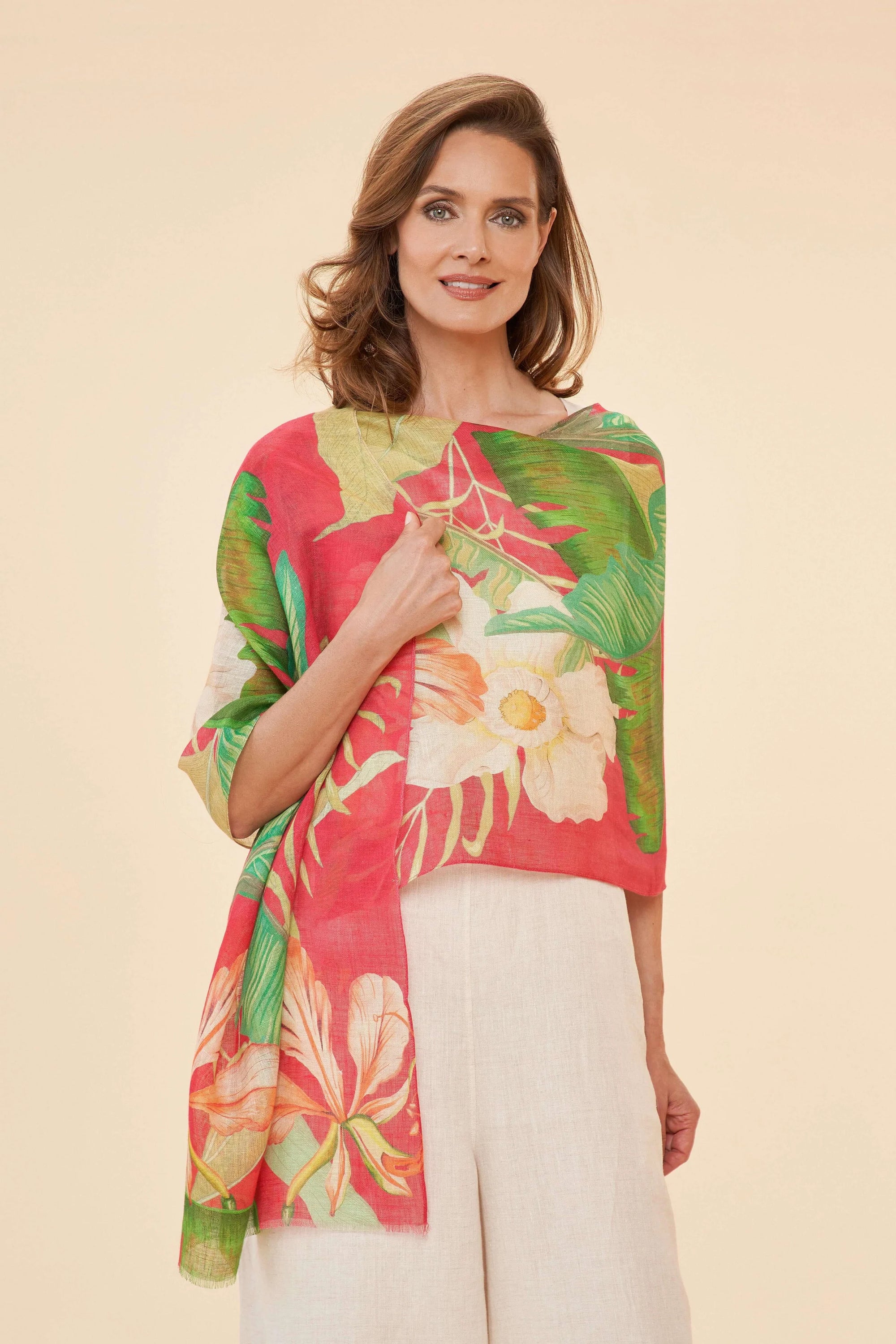 Powder 100% Linen Tropical Dar Rose Scarf - Red/Green